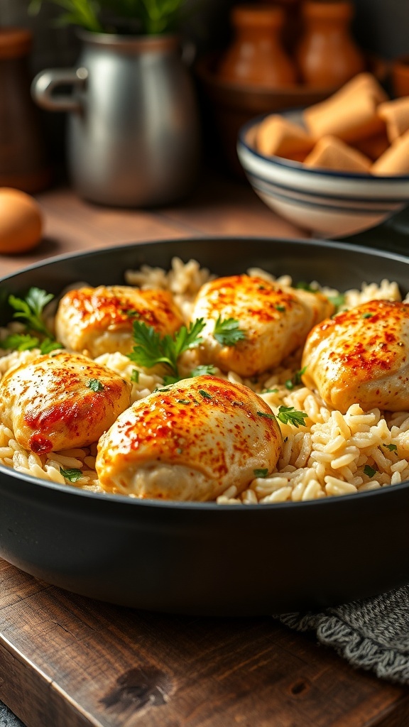 One-pan creamy parmesan chicken and rice with golden chicken thighs and fluffy rice, garnished with parsley.